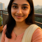 Young Indian woman wearing a peach kurti and cream dupatta with a small red bindi, taking a balcony selfie at golden hour with cityscape behind.