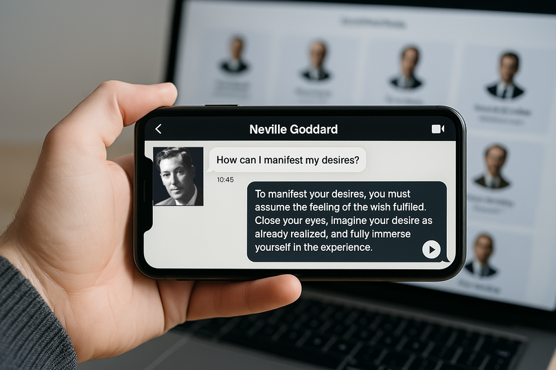 neville-goddard-ai-app A hand holding a smartphone displaying the Neville Goddard AI chat interface.
